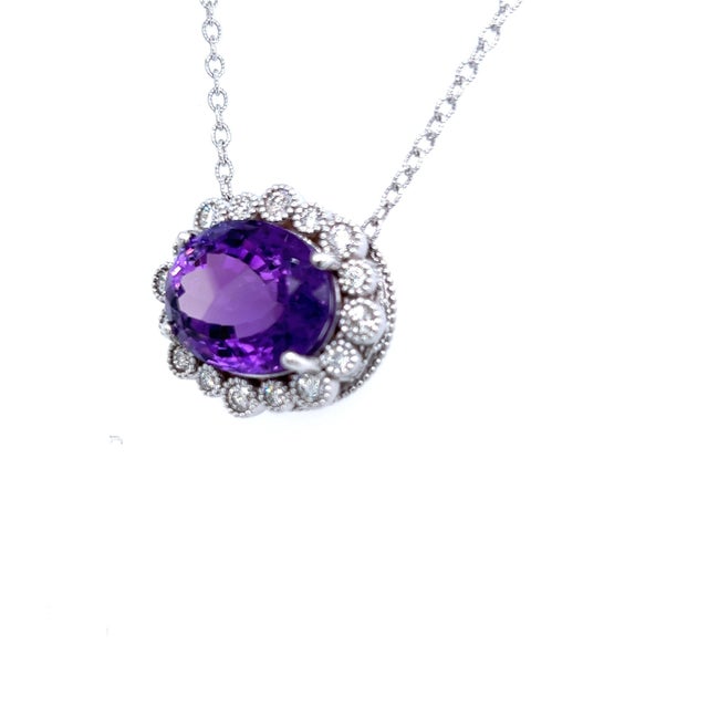 Traditional Natural Amethyst Diamond Pendant with Chain 14k W Gold 15.51 TCW Certified For Sale - Image 3 of 9