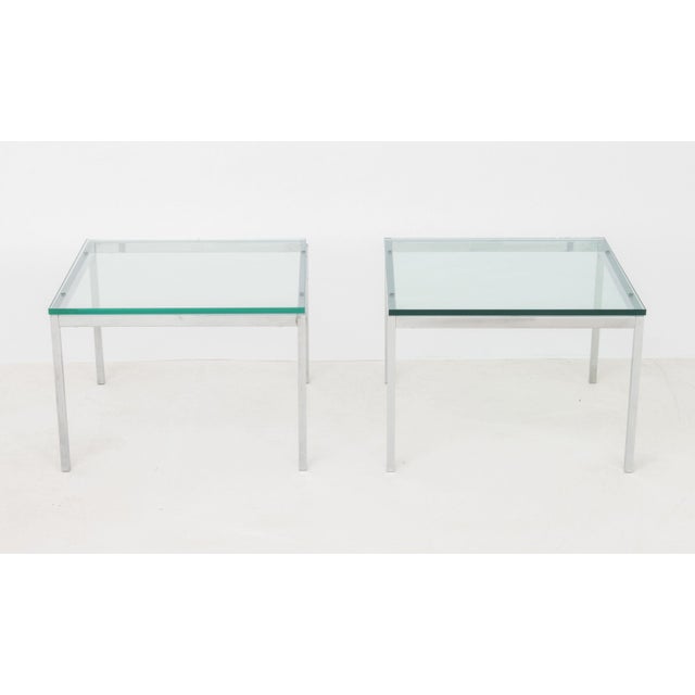 Pair of Florence Knoll for Knoll Studio Glass Top Side Tables, each on chrome-plated base and marked "Knoll Studio /...