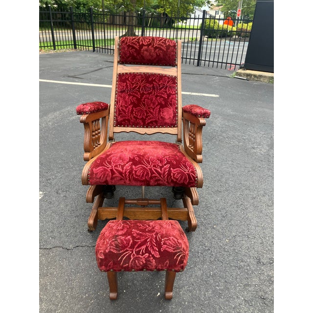 1910s Victorian Platform Rocker With Glider Foot Rest and Adjustable Headrest For Sale - Image 4 of 12