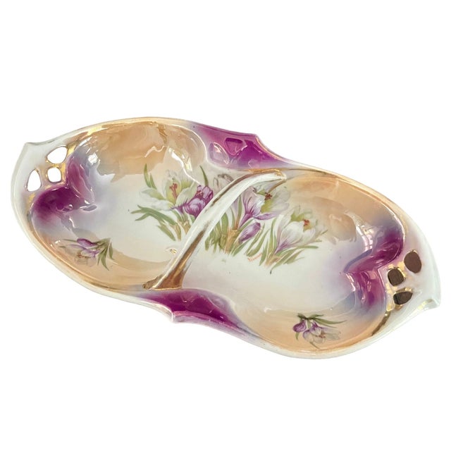 Purple Antique Celery Dish With Handle by Ipf Germany Porcelain – Lusterware Floral Candy Nut Dish – Purple & Gold , 8 1/4” For Sale - Image 8 of 10