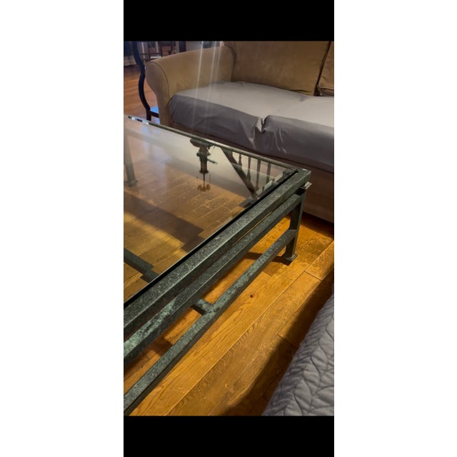 Contemporary Vintage Iron and Glass Green Patina Coffee Table For Sale - Image 3 of 4
