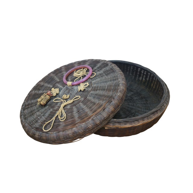 Chinese Antique Chinese Wicker Lidded Bead Ring Tassel Sewing Storage Basket 12" For Sale - Image 3 of 12