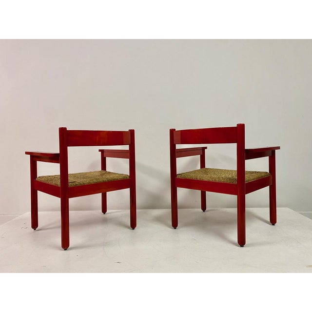 Wood Set of Italian Red Armchairs with Rush Seats, 1960s For Sale - Image 7 of 17