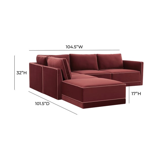 Willow Berry Red with Mauve Piping Modular 5-Piece Performance Velvet LAF Sectional For Sale In Los Angeles - Image 6 of 6