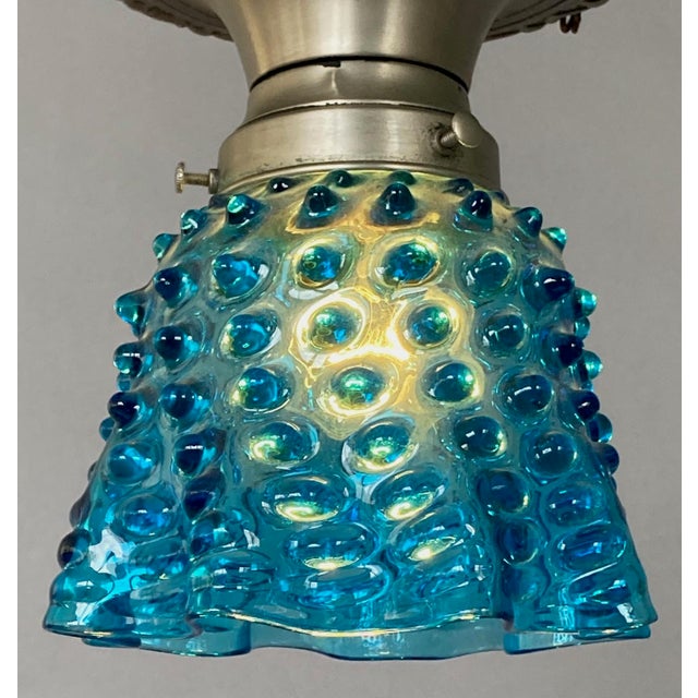 Art Deco 1910-Ish Flush Mount Brushed Nickel Fitter With Blue Hobnail Shade -- Ceiling Light Fixture For Sale - Image 3 of 3