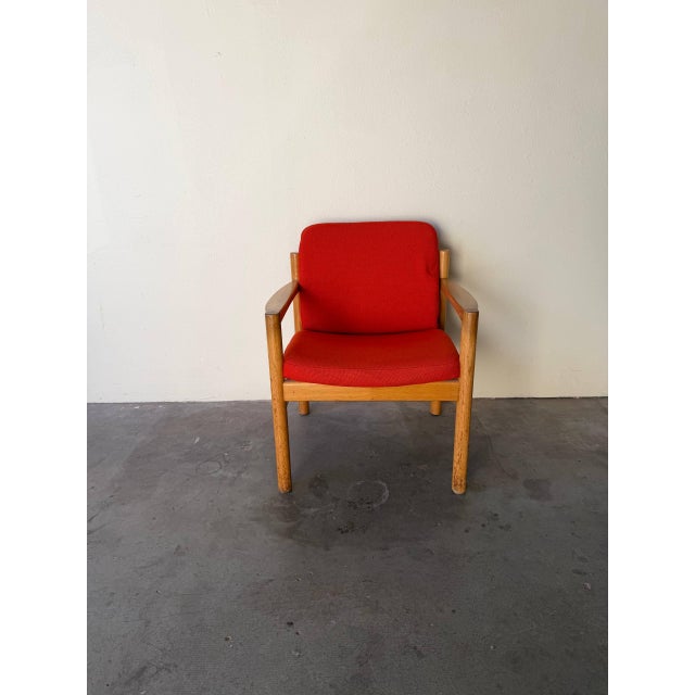 Textile Vintage Danish Oak Lounge Chair by Skive Møbelfabrik – Mid-Century Modern Armchair, Red Upholstery For Sale - Image 7 of 9