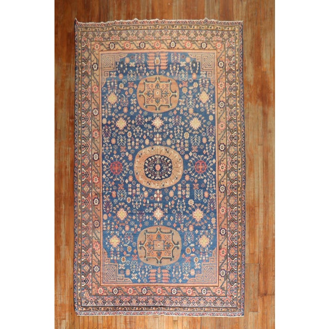 Folk Art Early 20th Century Zabihi Collection Samarkand Khotan Rich Blue Rug - 6'10" x 14' For Sale - Image 3 of 8