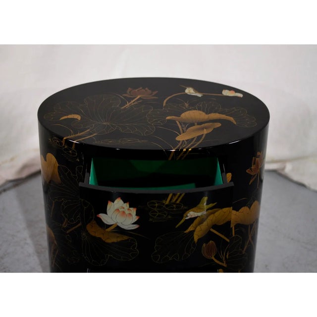 1970s Vintage Chinoiserie Oval 2 Drawer Chest With Birds & Lotus For Sale In New York - Image 6 of 9