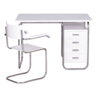 Czech Bauhaus Writing Desk with Chair in Chrome and Lacquered Wood, 1930s, Set of 2 For Sale