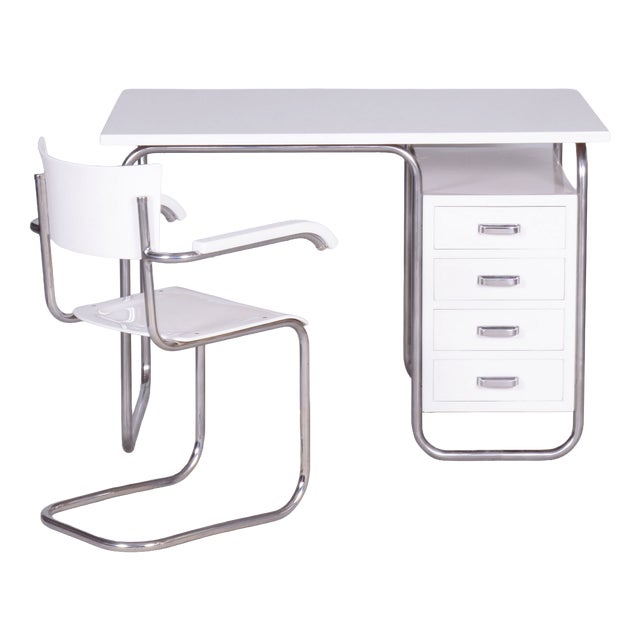 Czech Bauhaus Writing Desk with Chair in Chrome and Lacquered Wood, 1930s, Set of 2 For Sale