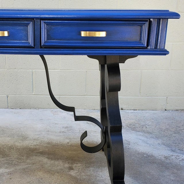 1970s 1970s Mid-Century Writing Desk Painted Sapphire Blue & Black For Sale - Image 5 of 13