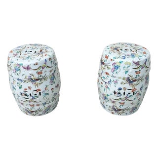 Pair of 20th Century Chinoiserie Famille Rose Floral and Fauna Porcelain Barrel-Form Garden Stools/Seats For Sale