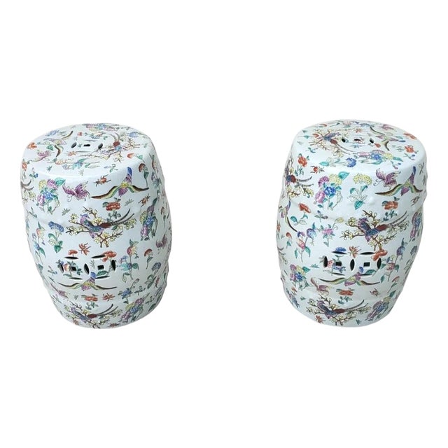 Pair of 20th Century Chinoiserie Famille Rose Floral and Fauna Porcelain Barrel-Form Garden Stools/Seats For Sale