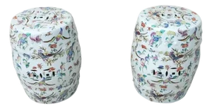 Pair of 20th Century Chinoiserie Famille Rose Floral and Fauna Porcelain Barrel-Form Garden Stools/Seats