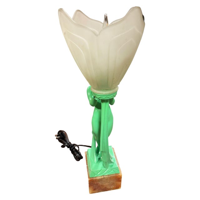 1930s French Green Spleter Metal Art Deco Style Biba Lamp on Marble by Jacques Limousin For Sale - Image 4 of 9