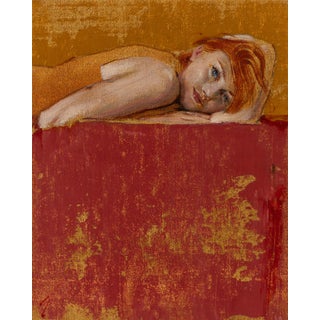 Orange and Red by J Louis | Oil on Cradled Panel Portrait of a Woman Lying on a Red Surface For Sale