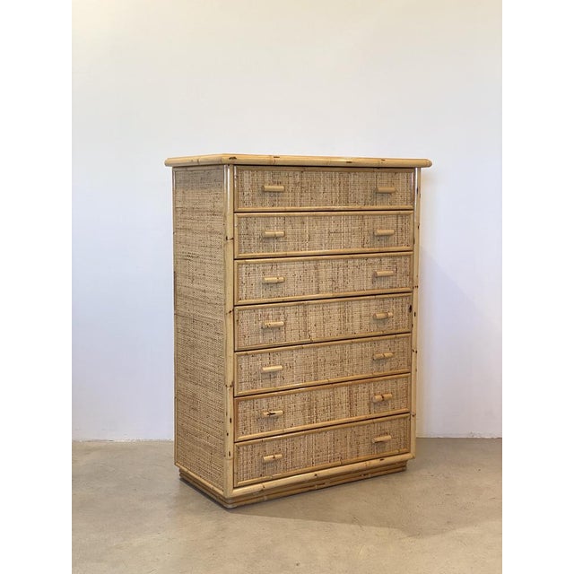 70s bamboo and wicker weekly chest of drawers with seven drawers.