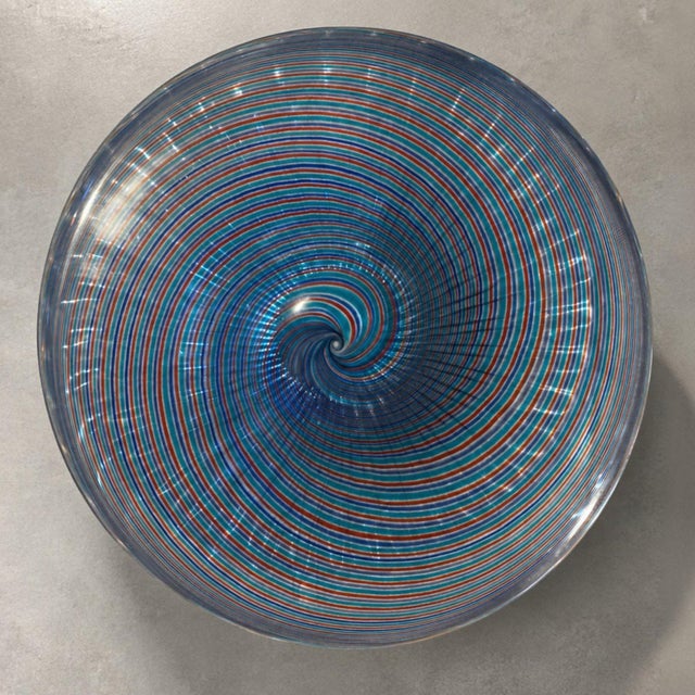 Contemporary Signed Stefano Toso Murano Art Glass Swirl Centerpiece Bowl - Handblown Blue, Red and Aqua Spiral Bowl For Sale - Image 3 of 7