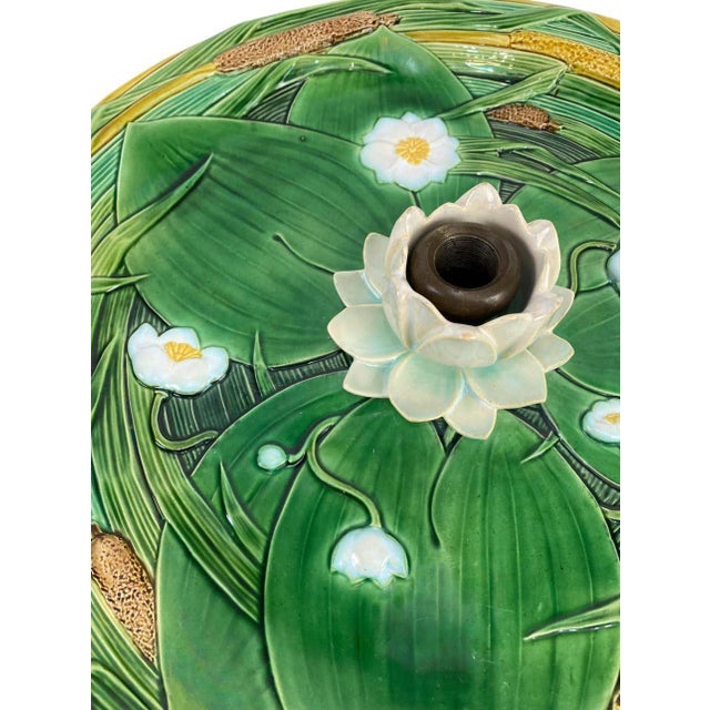 Victorian Minton Majolica Centerpiece Tray 15-In, Lotus Flower on Green Ground, Dated 1863 For Sale - Image 3 of 9