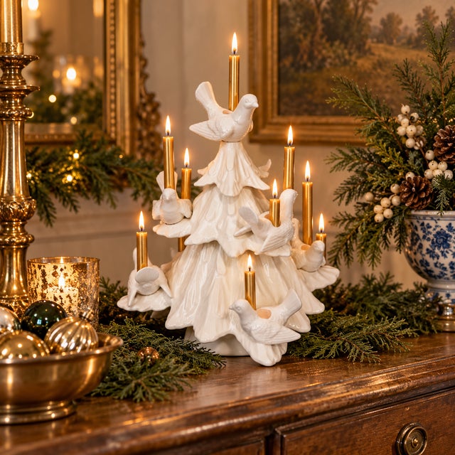 Elegant vintage Fitz & Floyd ceramic Christmas tree candelabra featuring eight beautifully sculpted doves nestled among...