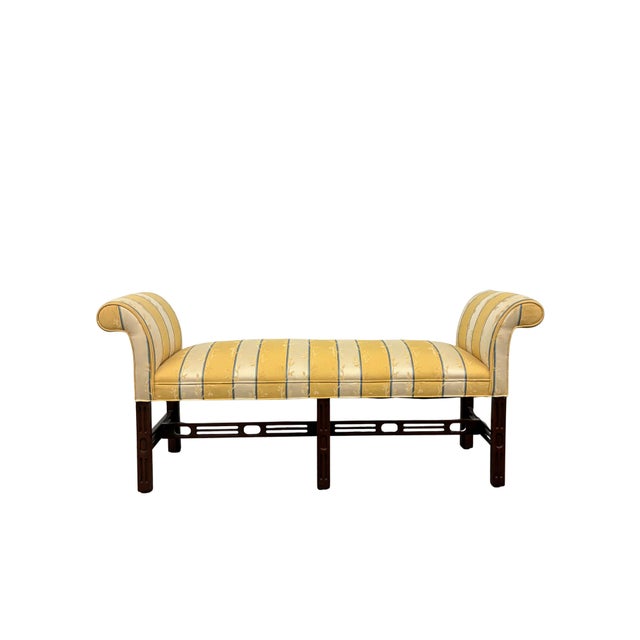 Chippendale Vintage Chippendale Style Mahogany-Finish Rolled Arm Upholstered Window Bench For Sale - Image 3 of 8