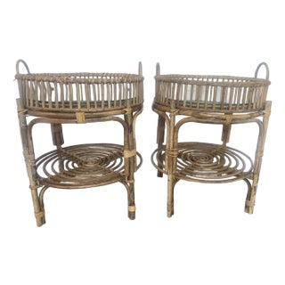Vintage Rattan Tray Tables, Glass Insert, a-Pair For Sale