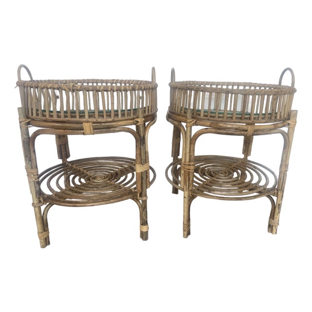 Vintage Rattan Tray Tables, Glass Insert, a-Pair For Sale