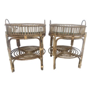 Vinyage Bamboo Rattan Tray Tables With Glass Insert, a-Pair For Sale