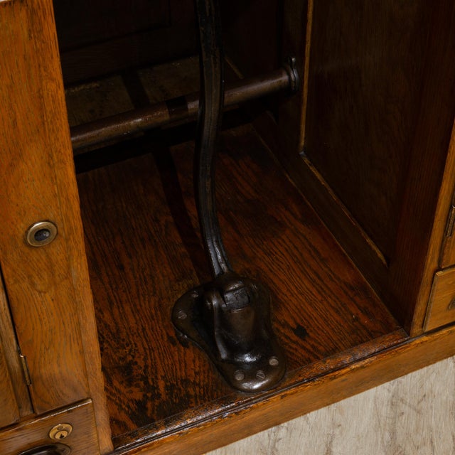 Brown Antique Industrial Oak Architect's Desk With Integrated Swing-Out Stool c.1920 For Sale - Image 8 of 17