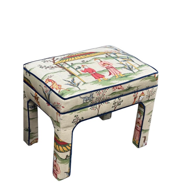 Wood 1980s Pair Upholstered Benches in Thibaut “Ting Yuan” For Sale - Image 7 of 9