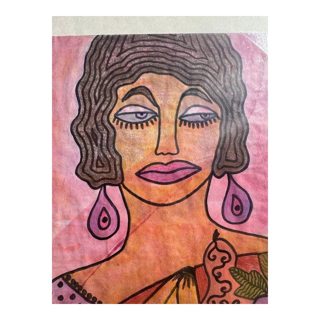 Jude Kirby Original “ Fruit Basket” Oil Pastel Lady With Bowl of Fruit. For Sale