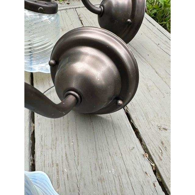 Metal Pair of Antique Brass Sconces With Vintage Opalescent Shades For Sale - Image 7 of 7