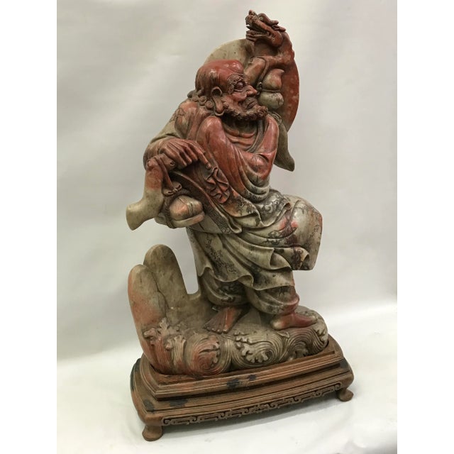 Chinese Chinese Art Carved Soapstone Monk With Wood Stand For Sale - Image 3 of 10