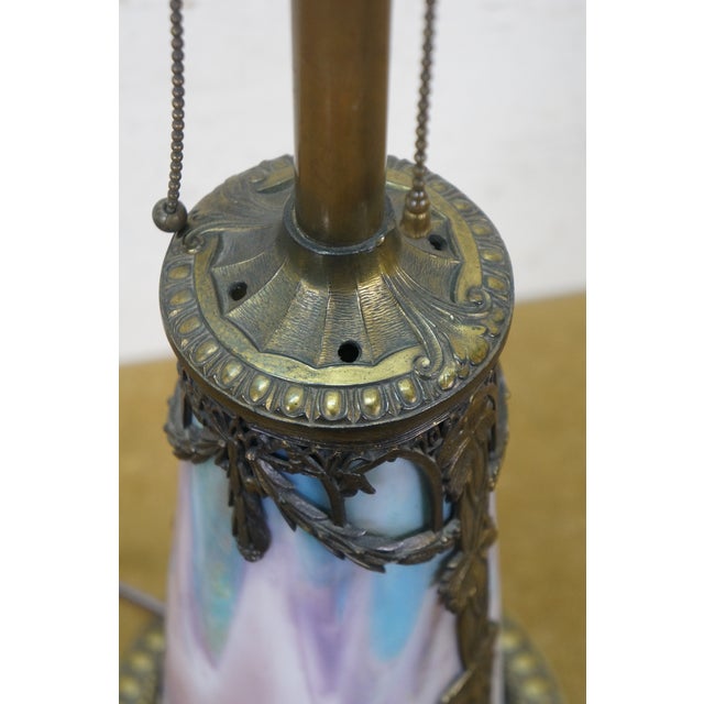 Antique Victorian Aesthetic Arts Nouveau Stained Slag Glass Parlor Lamp 25" For Sale - Image 12 of 17