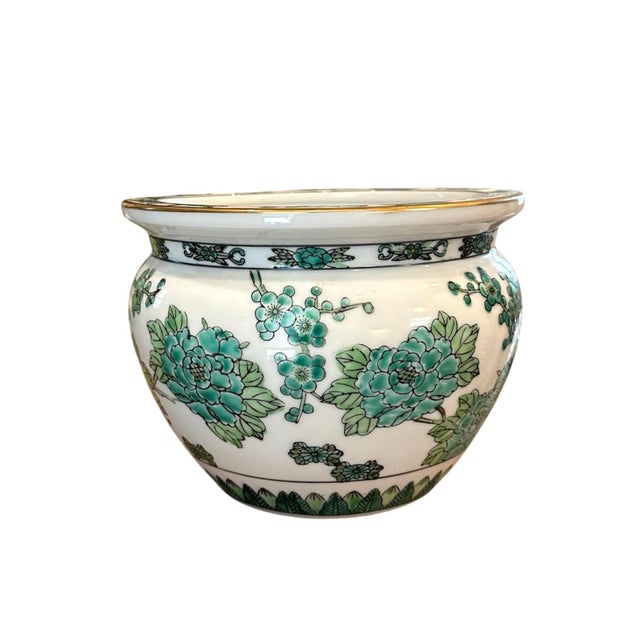 Japanese Vintage Hand Painted Gold Imari Green and White Cachepot / Cache Pot / Jardinere/ Fishbowl Planter With Peacock Motif For Sale - Image 3 of 8