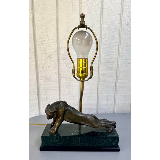 Black Vintage Stretching Lion Bronzed Metal and Marble Desk Writing Table Foyer Table Lamp For Sale - Image 8 of 12