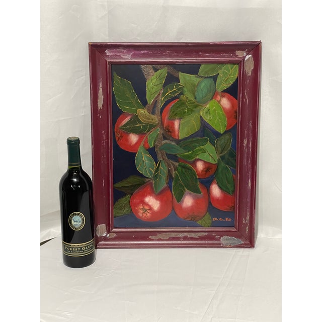 Rustic Mid 20th Century Rustic Apple Harvest Painting in Heavily Distressed Red Wood Frame For Sale - Image 3 of 11