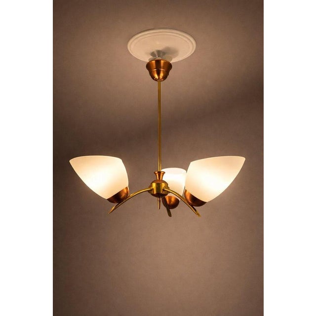 Mid-Century Swedish Brass and Copper Chandelier with Opaline Glass, 1950s For Sale - Image 3 of 9