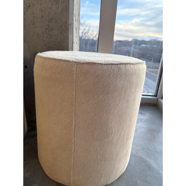 Farmhouse Pair of Hair on Hide Round Ottomans For Sale - Image 3 of 9