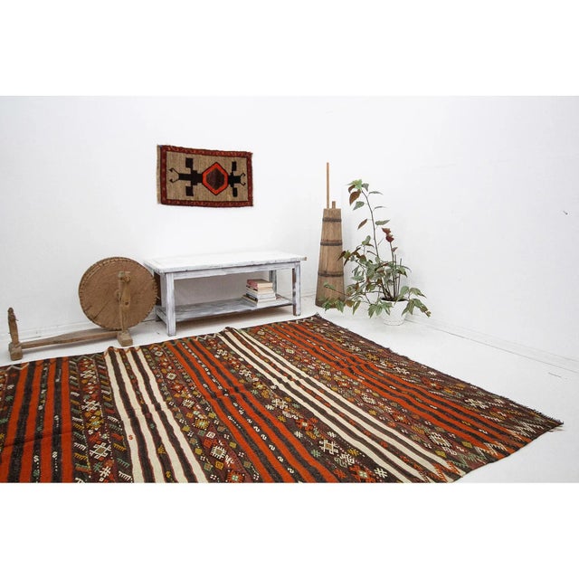Orange Striped Ebroidered Kilim Rug For Sale In Los Angeles - Image 6 of 7