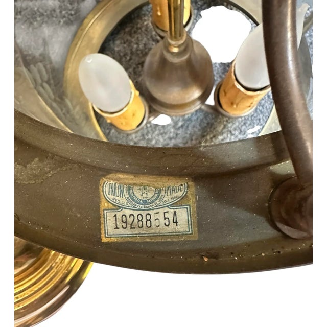 Mid 20th Century Mid 20th Century Brass Chandelier With Etched Glass For Sale - Image 5 of 5