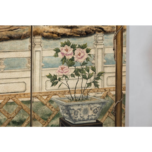 Hand-Painted Four-Panel Chinese Screen with Garden Pavilion and Peony Motifs For Sale - Image 4 of 12