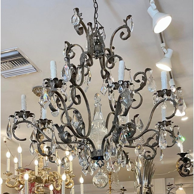 19th C Style Italian Wrought Iron & Crystal Chandelier