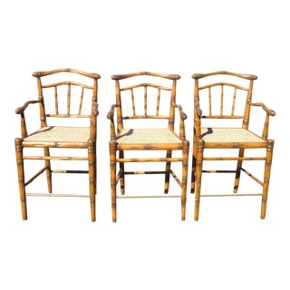 Set of Three Bamboo Cane Barstools Armrests Tiki Palm Beach Style Bar Stools For Sale
