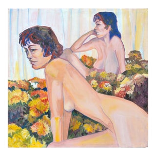 "Michel" - Nudes in a Bed of Chrysanthemums, Figurative Oil Painting by Patricia Gren Hayes For Sale
