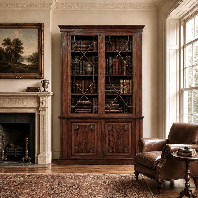 A distinguished 19th century English bookcase crafted in solid mahogany, this piece carries the grace, intelligence, and...