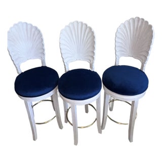 Set of 3 Venetian Grotto Style Carved Shell-Back Counter Stools – Newly Upholstered For Sale