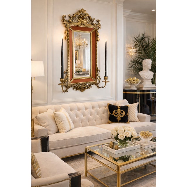 Offering a unique vintage Porcelain & Ormolu beveled wall mirror done in a French Rococo style, circa 1960s. The burgundy...