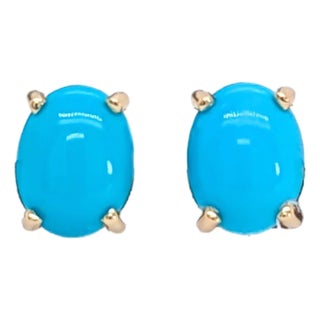 Oval 8x6mm - Arizona Sleeping Beauty Turquoise Solitaire Studs in 14k Solid Gold- Set of 2 For Sale