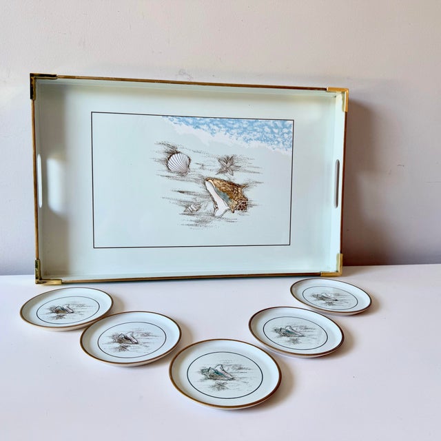 Vintage lacquered coastal print seashell tray with coaster set by Otagiri Japan in a light robin's egg type of blue. The...